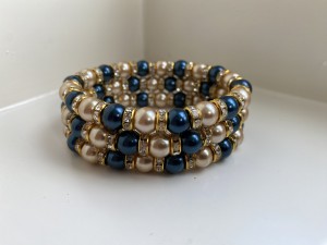 Knotband 3 rijen breed blauw en goud